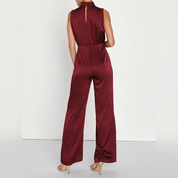 Lulus Classic Elegance Wine Red Satin Sleeveless Mock Neck Jumpsuit, Size Small - Picture 4 of 11